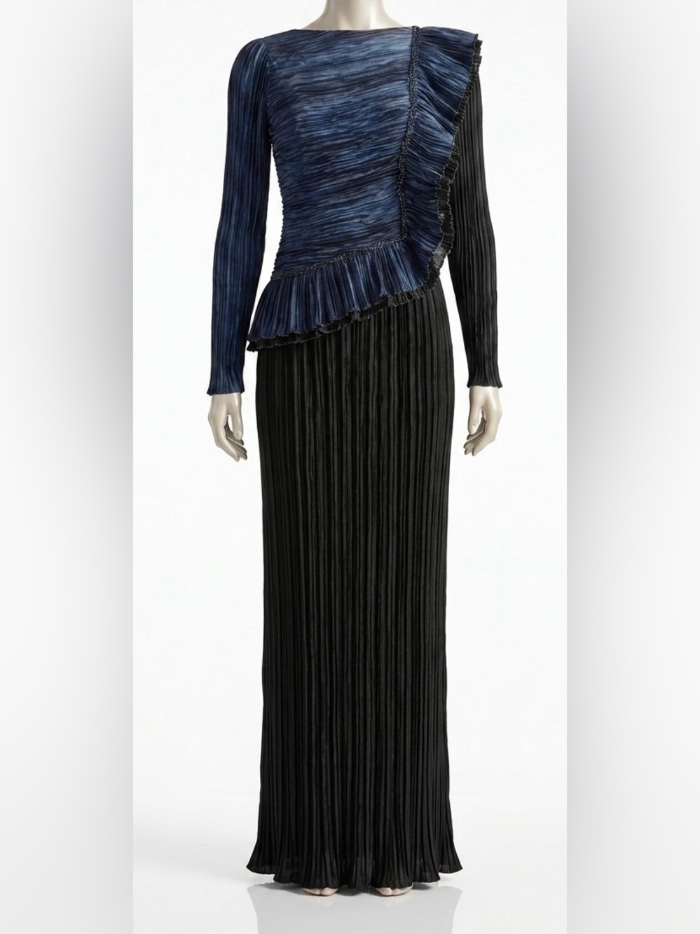 Mary McFadden Vintage 80s Pleated Gown Size 8 Medium M Blue Black Plisse - Picture 1 of 16